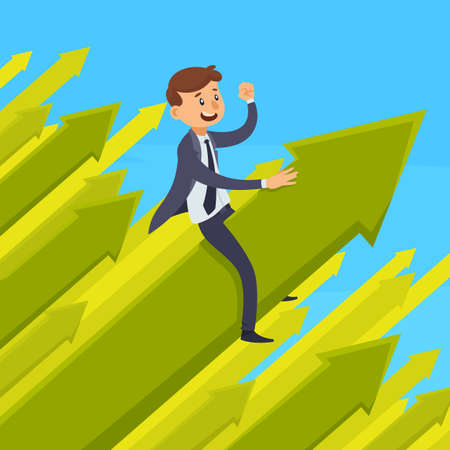 Career development design concept with smiling businessman on green growing arrow on blue background vector illustrationのイラスト素材