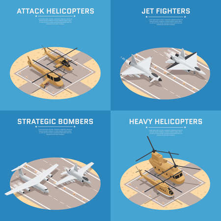 Four square isometric military air force icon set with attack helicopters jet fighters heavy helicopters and others descriptions vector illustrationのイラスト素材