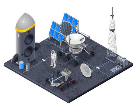 Space isometric concept with solar energy and rocket symbols vector illustrationのイラスト素材