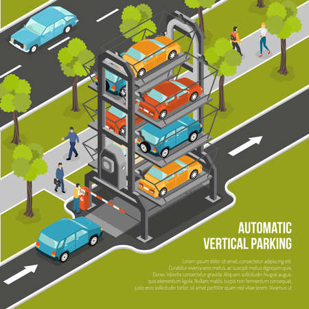 Car parking poster or flyer with automatic vertical parking located in the city vector illustrationのイラスト素材