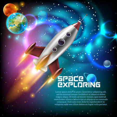 Space exploration with retro rocket planets and stars on dark background with rays and flares vector illustrationのイラスト素材