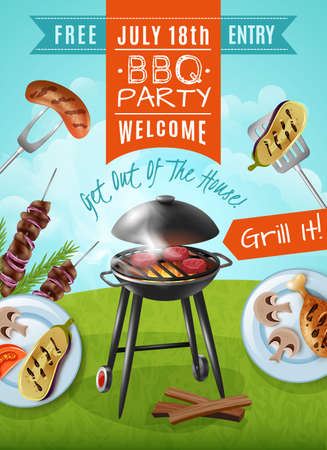 Barbecue party poster with steaks on grill, plates with chicken and vegetables, meat on skewers vector illustrationのイラスト素材