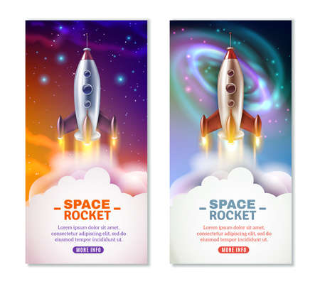 Vertical banners with space rocket launch on colorful background with planets and stars isolated vector illustrationのイラスト素材
