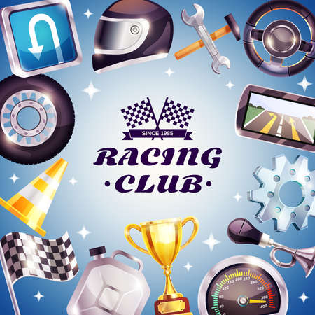 Racing club frame with logo, car parts, helmet, canister, trophy on blue background with stars vector illustrationのイラスト素材