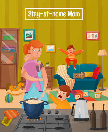 Colored motherhood tired mother poster with mother having many children and a lot of household chores vector illustrationのイラスト素材
