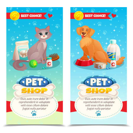 Pet shop vertical banners with cat and dog, feeds, toys, medicines on blue background isolated vector illustrationのイラスト素材