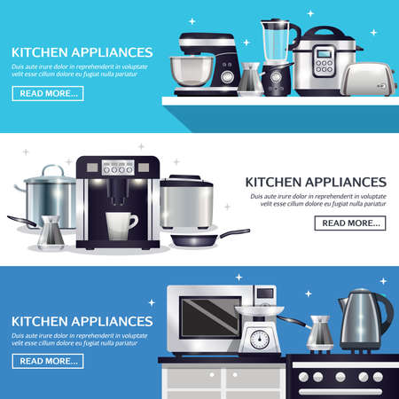 Kitchenware set of horizontal banners with pans, microwave, food processor, blender, toaster, slow cooker isolated vector illustrationのイラスト素材