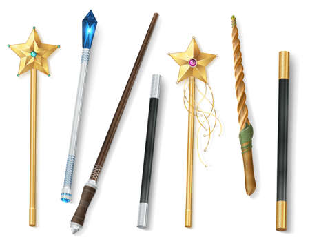 Collection of magic wands of various shapes with stars and jewel realistic vector illustrationのイラスト素材