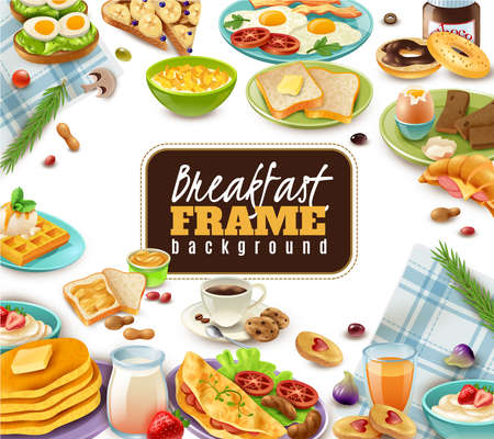 Breakfast frame with coffee juice sandwiches and sweet dishes tableware and napkins on white background vector illustrationのイラスト素材