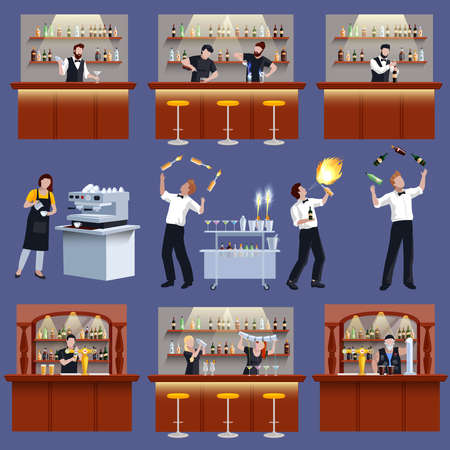 Colored and isolated bar icon set with barman bartender cocktail preparation and working people vector illustrationのイラスト素材