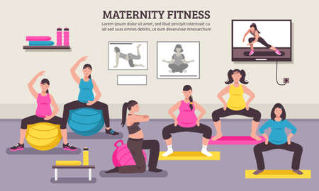 Maternity group fitness class flat poster with aerobic muscles and balance exercises for pregnant women vector illustrationのイラスト素材