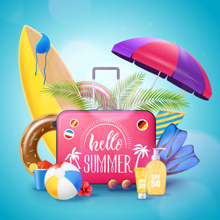 Summer tropical island beach resort vacation advertisement background poster with surfboard luggage suncream and bikini vector illustrationのイラスト素材