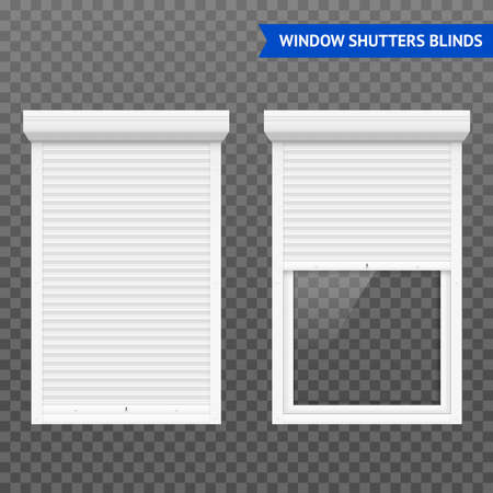 Window roller shutters set in closed and open form white on transparent background vector illustrationのイラスト素材