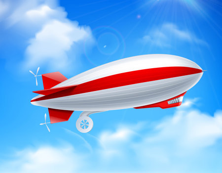 Colored and realistic zeppelin on sky composition with big dirigible in the sky vector illustrationのイラスト素材