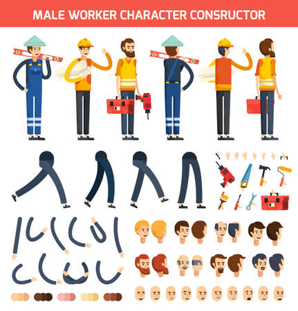 Flat colored male worker character constructor composition with isolated elements legs hands and heads vector illustrationのイラスト素材