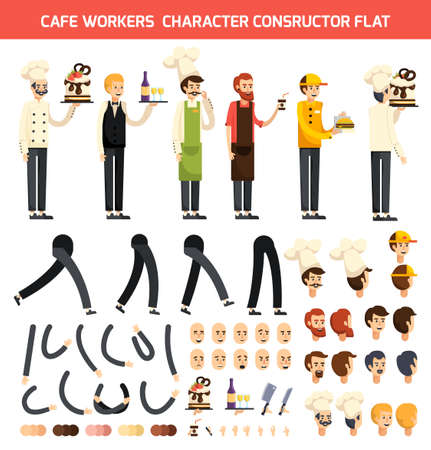 Colored and isolated cafe worker character constructor flat icon set with chef and waiter characters vector illustrationのイラスト素材