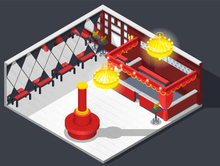 Theatre isometric interior composition of checkroom lobby furniture dressing area with mirrors seats and luminant chandeliers vector illustrationのイラスト素材
