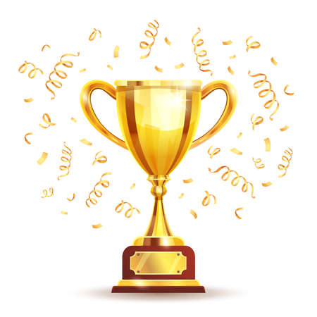 Glowing classical golden winners cup with tablet for engraving, confetti and streamers on white background vector illustrationのイラスト素材