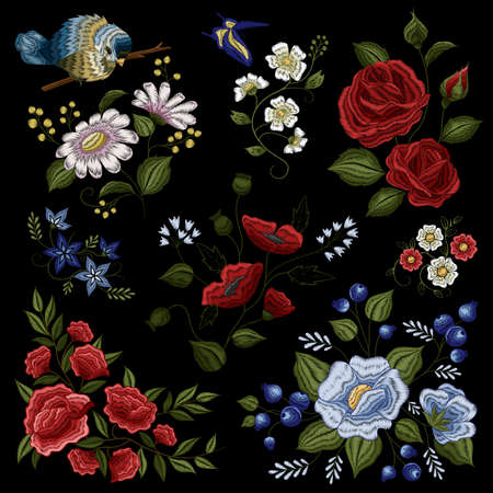 Traditional floral folk fashion ornamental embroidery pattern design in red green white blue on black background vector illustrationのイラスト素材