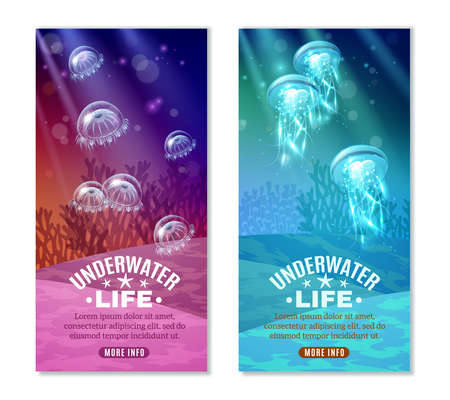 Underwater world colorful vertical banners set with transparent purple turquoise blue marine creatures isolated vector illustrationのイラスト素材