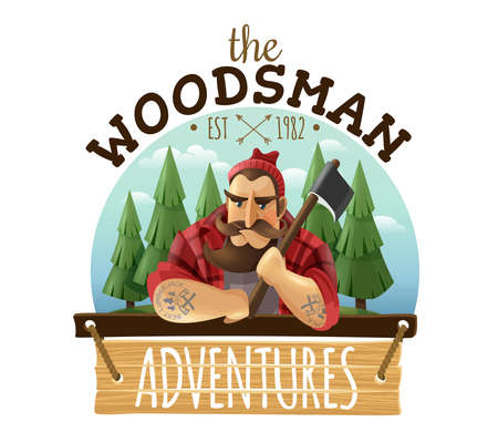 Typical lumberjack woodsman holding ax with strong muscled tattooed hands adventures sign board icon label vector illustrationのイラスト素材