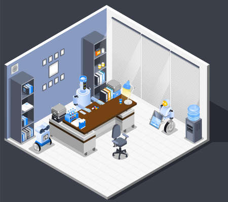 Robot isometric professions composition with office room interior leverage files and robotic worker sitting at table vector illustrationのイラスト素材