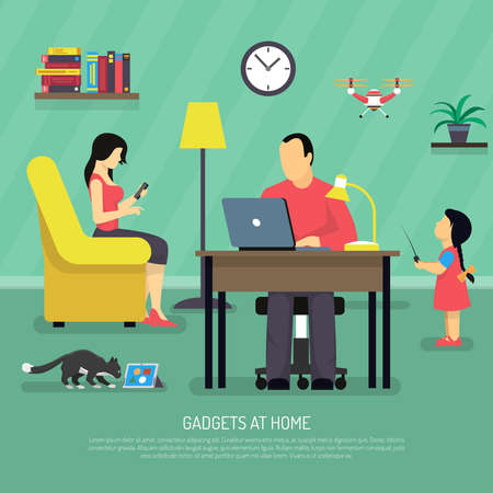 People evolution digital gadget composition of flat family human characters and domestic room interior with text vector illustrationのイラスト素材