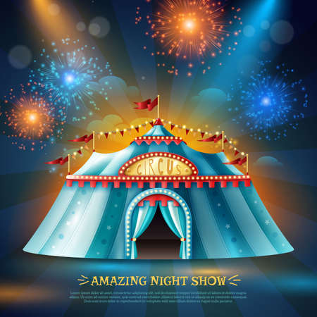 Travel circus tent at night in colorful light beams and firework dark blue background poster vector illustrationのイラスト素材