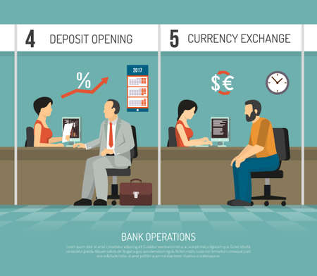 Bank office clerks performing operations of deposit opening and currency exchange flat vector illustrationのイラスト素材