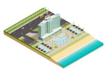 Luxury hotel building on sandy shores of ocean isometric composition with swimming pool and beach equipment vector illustrationのイラスト素材