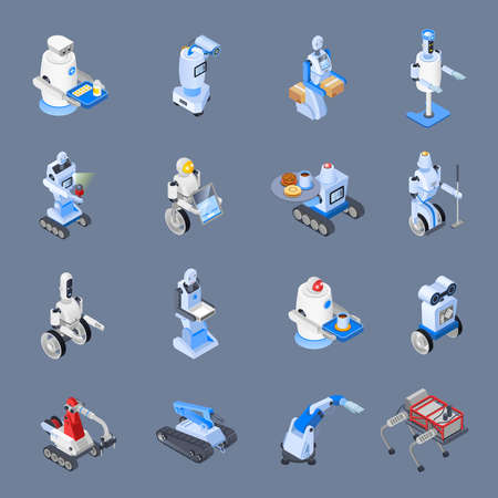 Robot isometric professions set of isolated icons with futuristic robotic workers of industrial and service sector vector illustrationのイラスト素材