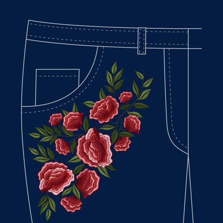 Lady jeans pants front pocket trendy decorative red roses floral folk style ornamental embroidery pattern vector illustrationのイラスト素材