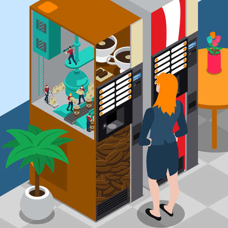 Coffee machine isometric concept with young woman standing near automatic machine and choosing drink vector illustrationのイラスト素材