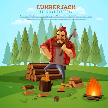 Sturdy lumberjack woodsman holding ax with muscled tattooed hands near campfire forest bacground cartoon poster vector illustrationのイラスト素材
