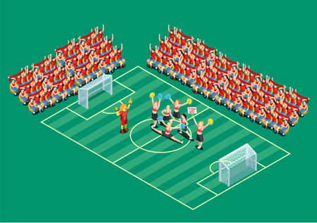 Cheerleading dancers supporting football teams on field 3d isometric vector illustrationのイラスト素材