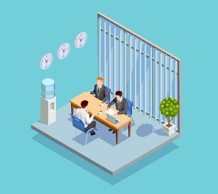 Recruitment isometric people composition with office room interior applicant and two human resource managers at table vector illustrationのイラスト素材