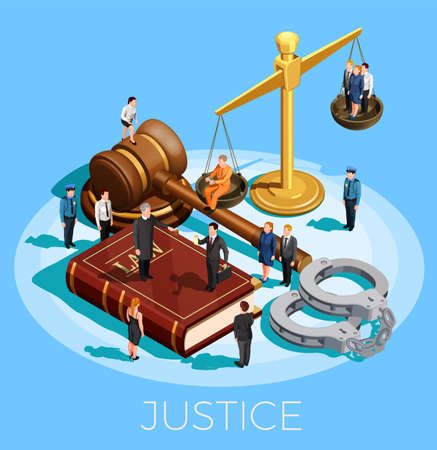 Law design isometric conceptual composition with little people on top of balance gavel legal code and wristbands vector illustrationの素材 [FY310165620111]