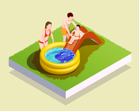 Swimming pool isometric composition with human characters of parents assisting male kid to go down...