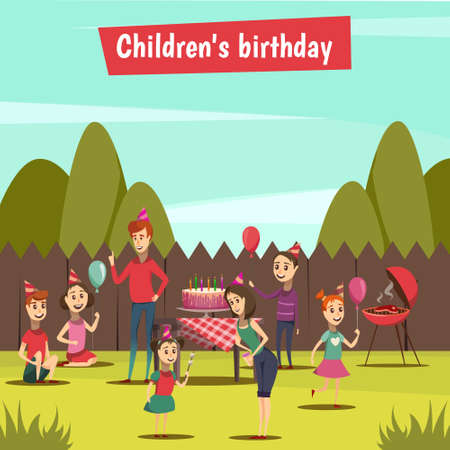 Childrens bithday party with barbecue and celebration symbols cartoon vector illustrationのイラスト素材