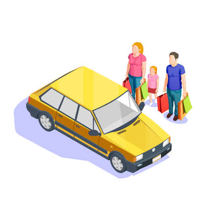 Family with lots of bags going to their car after doing shopping 3d isometric vector illustrationのイラスト素材