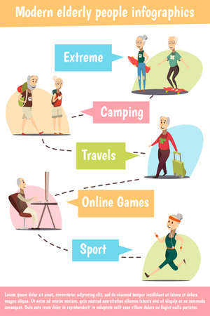 Modern elderly people infographic set with sport and games symbols cartoon vector illustrationのイラスト素材