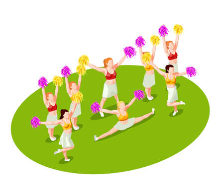 Cheerleading dancers with colorful pompons performing on green floor 3d isometric vector illustrationのイラスト素材