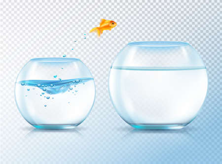 Fish jumping out bowl composition with realistic image of goldfish and two similar aquariums inflated with water vector illustrationのイラスト素材