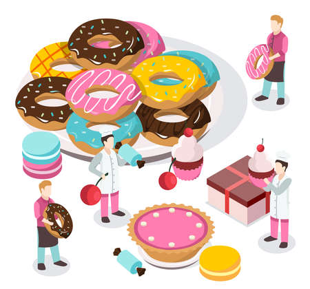 Sweet shop isometric composition with bakers and waiters, donuts, macaroons, cupcake, carton on...