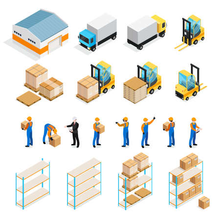 Warehouse isometric set including manager and workers, goods, trucks and forklifts, pallets and shelves isolated vector illustrationのイラスト素材