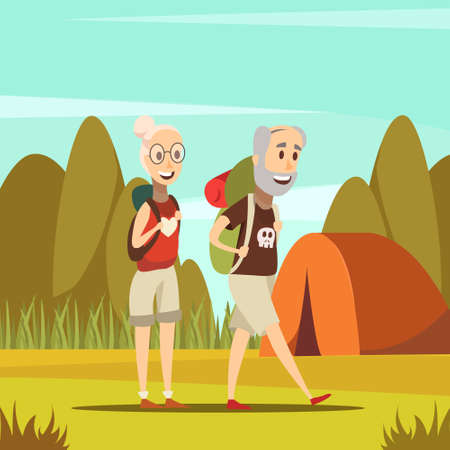 Elderly people background with tent and nature symbols cartoon vector illustrationのイラスト素材