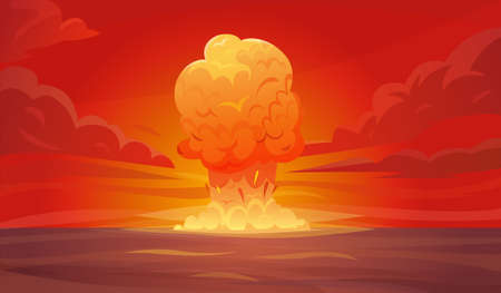 Colored red nuclear explosion composition or poster with column of smoke rising vertically into the sky vector illustrationのイラスト素材
