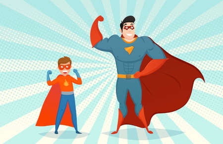 Man and boy superheroes in mask and colorful costume on pop art background retro style vector illustrationのイラスト素材
