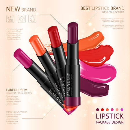 Lip makeup cosmetics information advertisement poster with realistic 4 intense colored lipstick set package introduction vector illustrationのイラスト素材