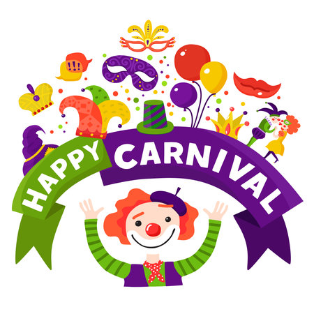 Mardi gras traditional carnival celebration invitation design  with happy harlequin and festive accessories icons composition vector illustrationのイラスト素材